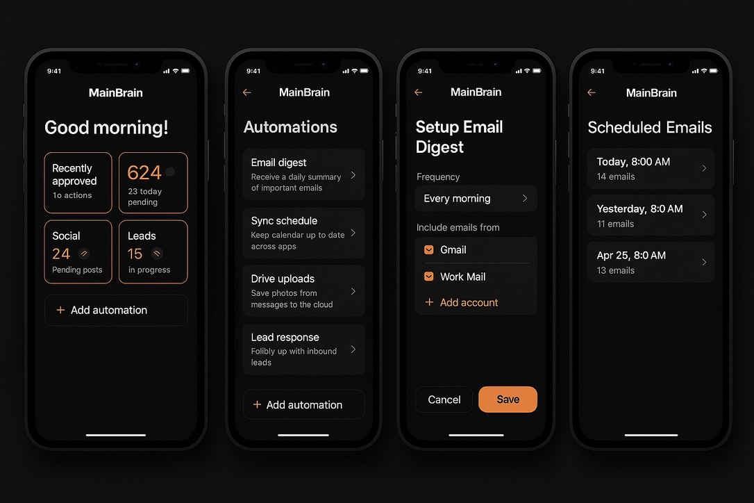 MainBrain dashboard with morning brief, automations, email digest, scheduled emails